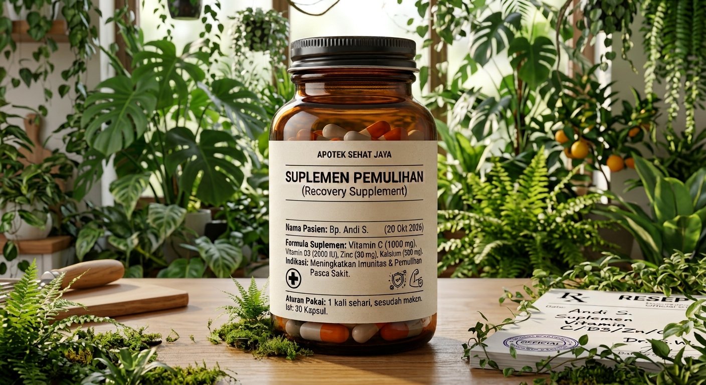 Botol obat resep dengan latar tanaman hijau